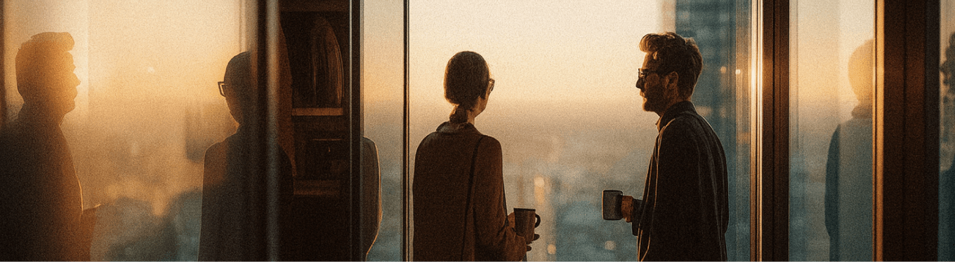 Two people stand by large windows holding mugs, talking as the sun sets over a city skyline, with their reflections visible in the glass.