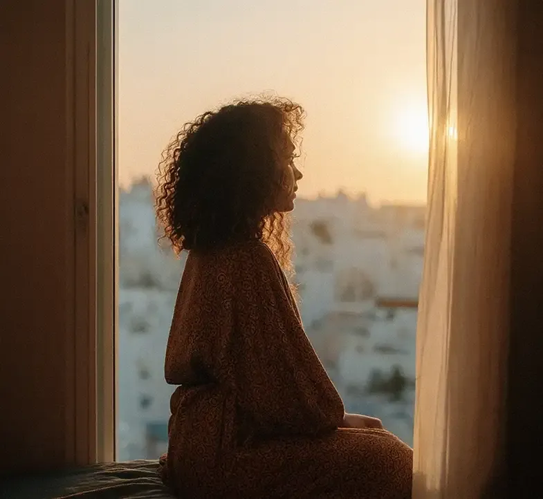 A person with curly hair sits by a window, looking out at the sunset with city buildings visible in the background.